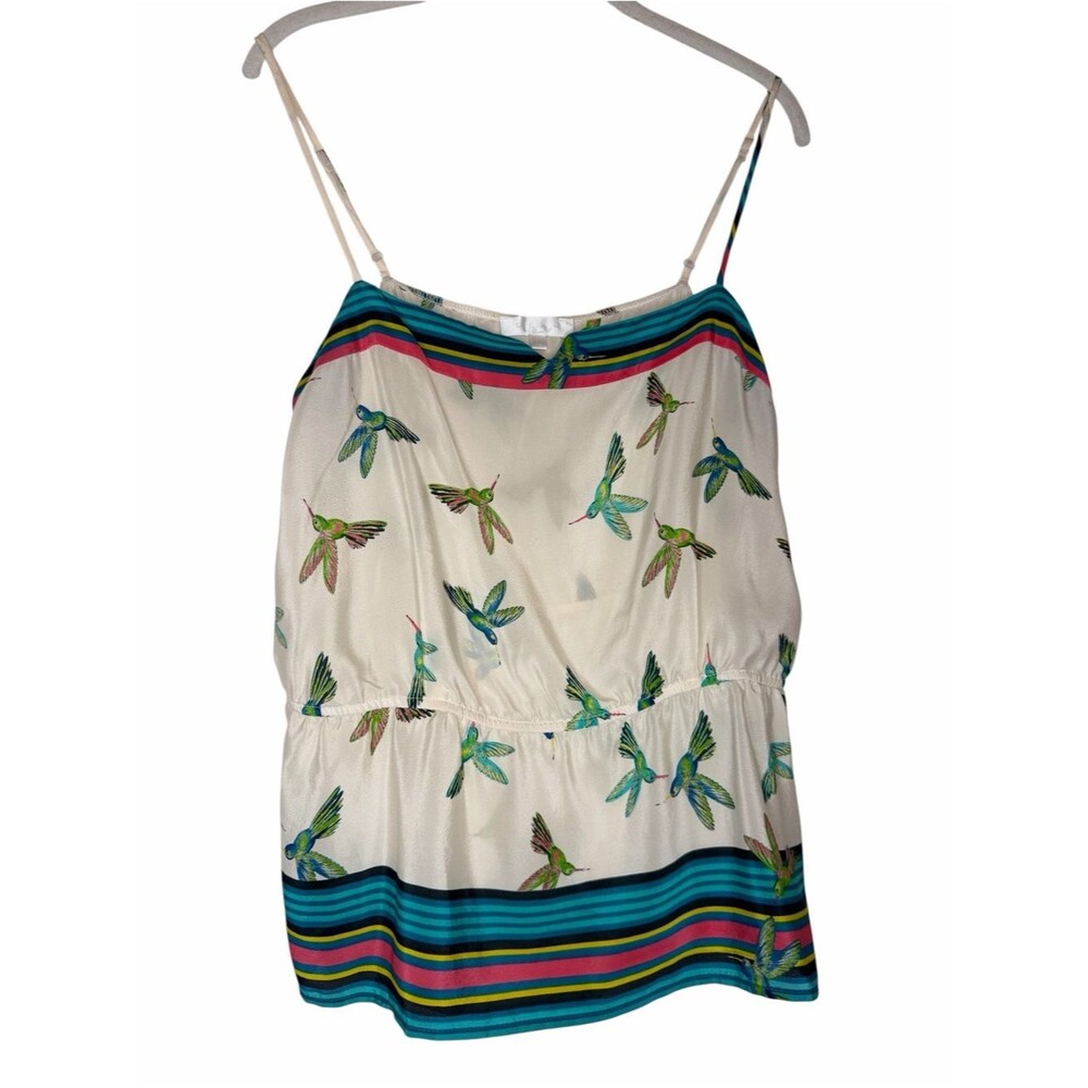 NWT glam Hummingbird Print Tank size Large 100% Silk Striped-Hem Camisole Top